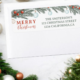 Festive Evergreen Red Berries Watercolor jul Returadress Etikett