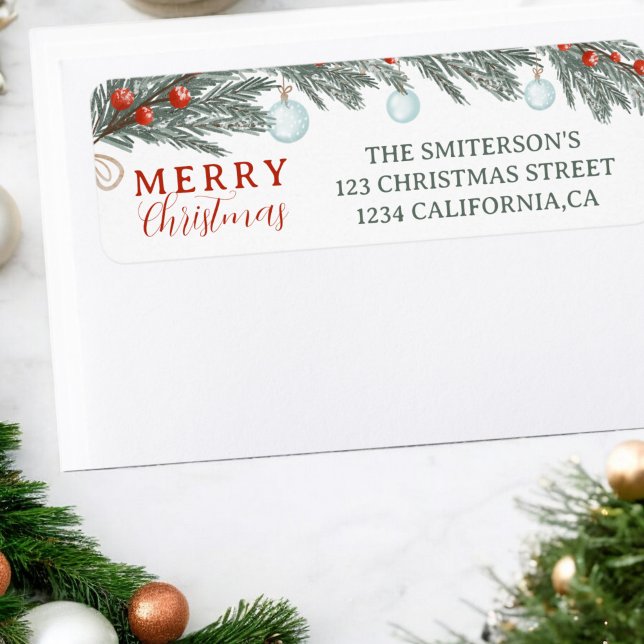 Festive Evergreen Red Berries Watercolor jul Returadress Etikett (Festive Evergreen Red Berries Watercolor Christmas Label)