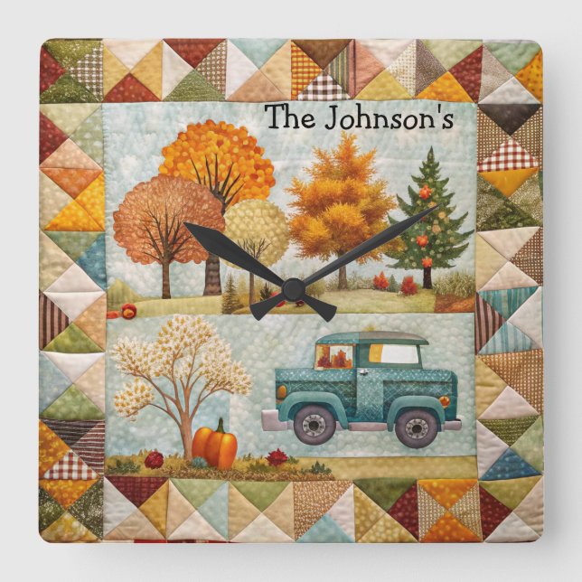 Festive Fall Pickup Lastbil Wall Clock Fyrkantig Klocka (Framsida)