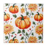Festive Fall Pumpkins and Chrysanthemums Kakelplatta<br><div class="desc">Ceramic tile in a fall-themed pattern featuring vibrant orange pumpkins intertwined with blooming chrysanthemums in warm yellow and orange hues,  creating a festive harvest-inspired design</div>