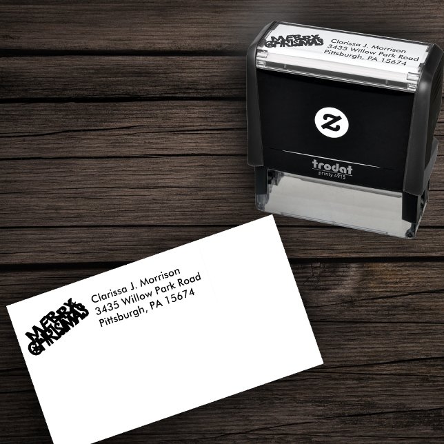 Festive Fancy Letters Merry Christmas Stars Självfärgande Stämpel (Merry chrismtas festive fancy letters on self inking return address stamp.)