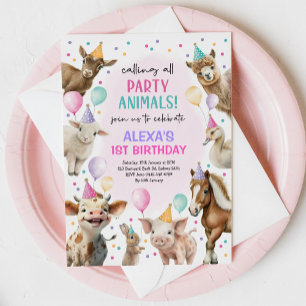 Festive Farm Barnyard Party Animals Girls Birthday Inbjudningar