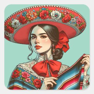 Festive Fiesta Mujer Mariachi Party Favor Fyrkantigt Klistermärke