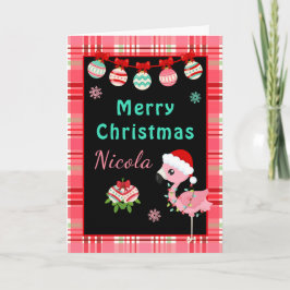 Festive Flamingo Merry Christmas with Name Helgkort