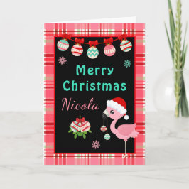 Festive Flamingo Merry Christmas with Name Helgkort