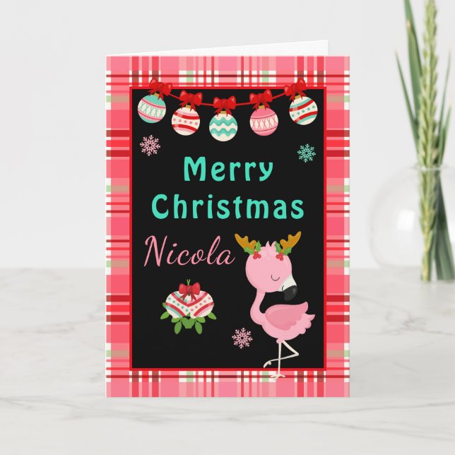 Festive Flamingo Merry Christmas with Name Helgkort (Framsida)
