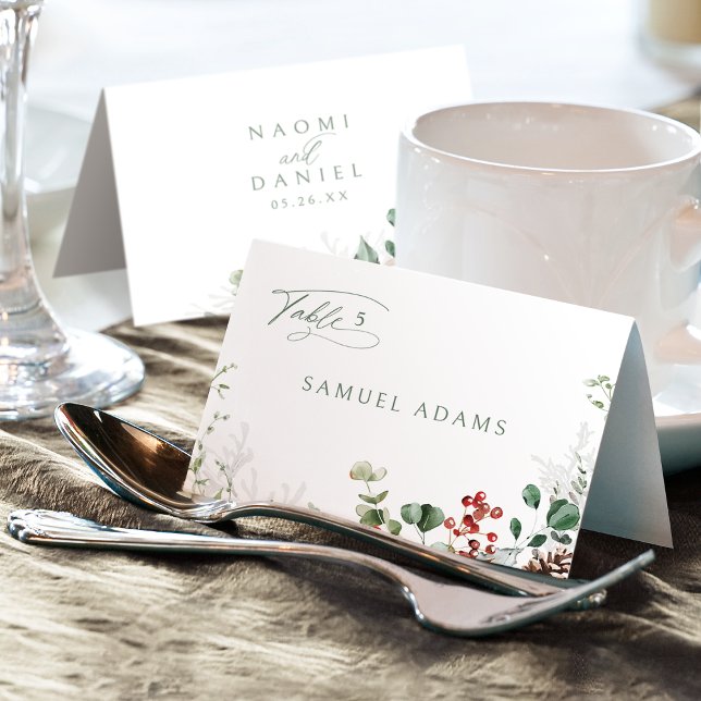 Festive Floral Winter Wedding Foldable Place Card Bordsnummer (Festive Floral Winter Wedding Foldable Place Card)