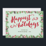 Festive Foliage | Kalligrafi-Helgdag, ej foto Julkort<br><div class="desc">Det här festive helgdag-kortet har kalligrafi för söt-penselskript med texten "Happiest helgdagars". Den röda handskriften är inramad av grönt gräs grenar,  bruna gräs-koner och röda bär. Det här fotofria kortet har en tom baksida,  där foton och/eller helgdag (t.ex. det år då familjen granskas) kan läggas till om så önskas.</div>