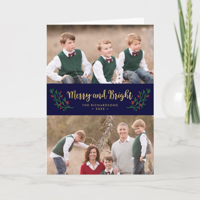 Festive Foliage Merry och Bright Helgdag Photo Helgkort (Framsida)
