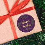 Festive Foliage Warm Önskemål Lila Helgdag Runt Klistermärke<br><div class="desc">Festive Foliage Warm Önskemål Round Sticker med ord "Warm Önskemål" i ett snyggt-skript i faux guld omgivet av fensiva löv och bär mot lilan. Ta en titt på andra helgdag här https://www.zazzle.com/collections/holiday_christmas_new_year_cards-119015800351034065?rf=238364477188679314 Anpassa den genom att ersätta platshållartexten. Om du vill ha fler alternativ, till exempel att ändra teckensnitt, klickar du...</div>