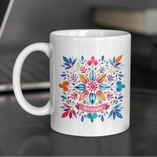 Festive folklor art blommigt monogram jul jul kaffemugg (Skapare uppladdad)