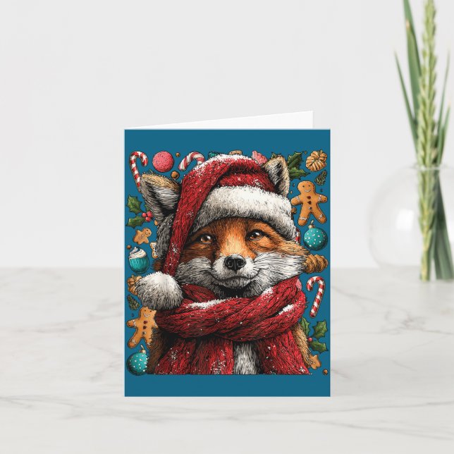 Festive Fox With Snow Santa Hat Winter Christmas A Kort (Framsida)