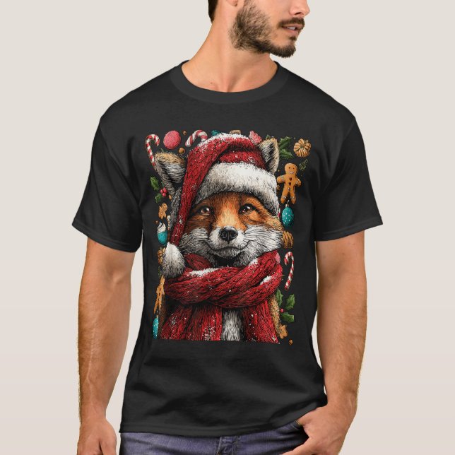 Festive Fox With Snow Santa Hat Winter Christmas A T Shirt (Framsida)