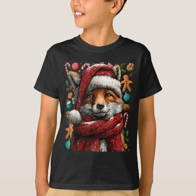 Festive Fox With Snow Santa Hat Winter Christmas A T Shirt (Framsida)