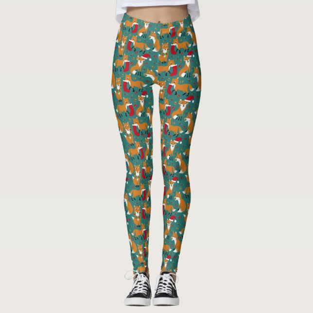 Festive Foxes Cute Patterned God Jul Leggings (Framsida)