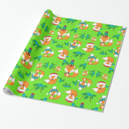 Festive Foxes och Holly Lövs på en Bright Grönt Presentpapper