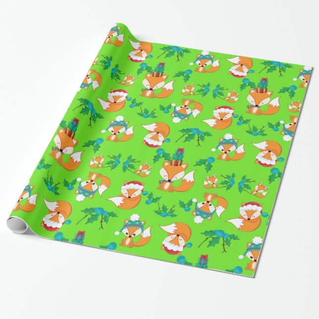 Festive Foxes och Holly Lövs på en Bright Grönt Presentpapper (Utrullad)