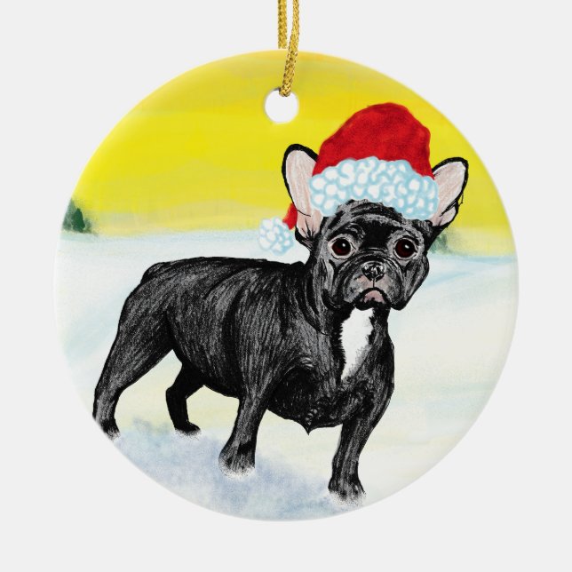 festive french bull dog julgransprydnad keramik (Framsidan)