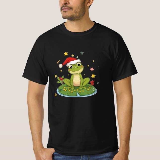 Festive Frog Joy - Cute Christmas Frog on Lily Pad T Shirt (Framsida)