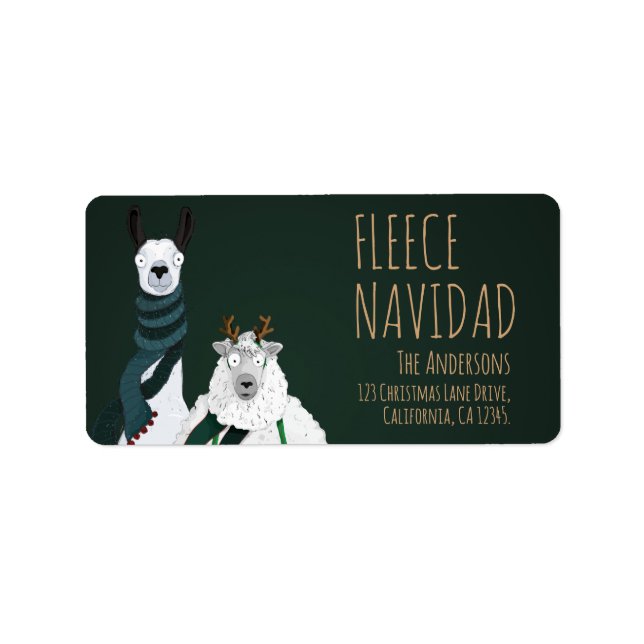 Festive Funny Llama & Sheep Fleece Navidad Punny Adressetikett (Framsidan)