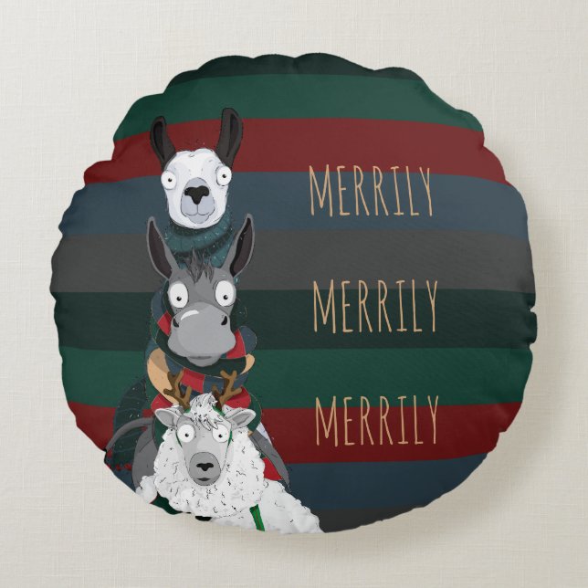 Festive Funny "Merrily" Sheep Donkey Llama Stripe Rund Kudde (Framsidan)