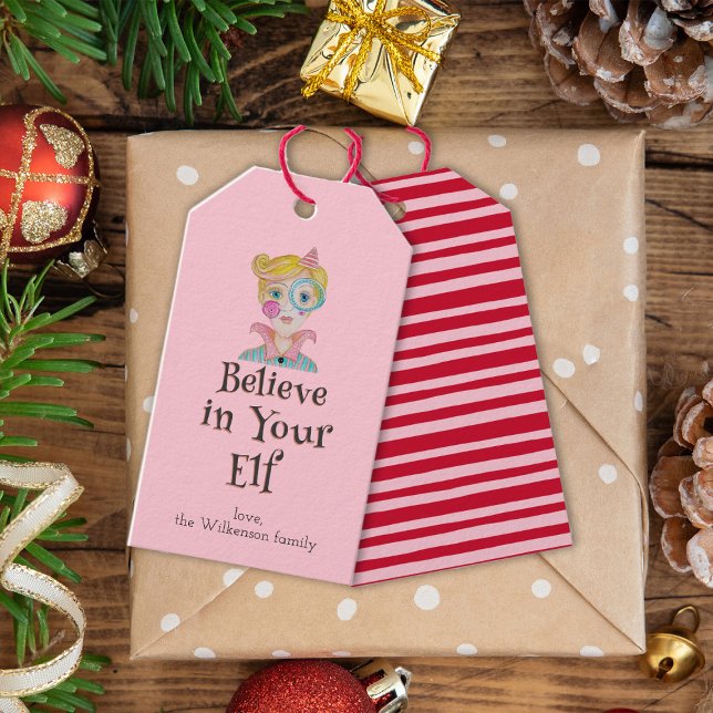 Festive Funny Pun Elf Rosa Red Rand jul jul Presentetikett (Skapare uppladdad)