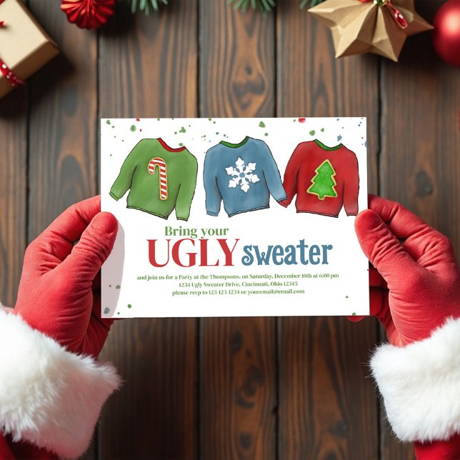 Festive Funy Ugly Sweater jul Inbjudningar (Ugly sweater Christmas party invitation.)