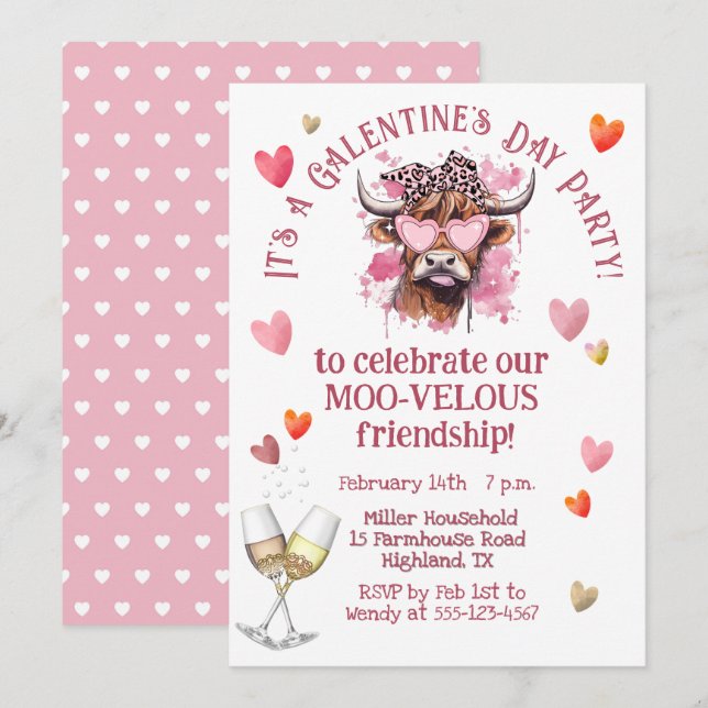 Festive Galentines Day Hereford Cow Inbjudningar (Fram/baksida)