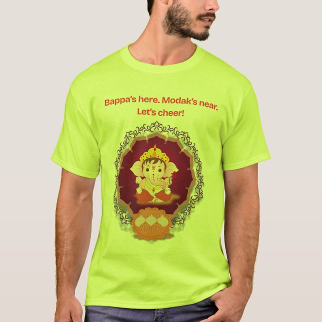Festive Ganpati Modak Cheer T-Shirt – Bappa's Here (Framsida)