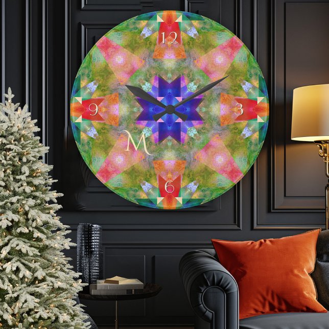 Festive Geometric Art Monogram Wall Clock Rund Klocka (Festive geometric watercolor art Christmas wall clock)