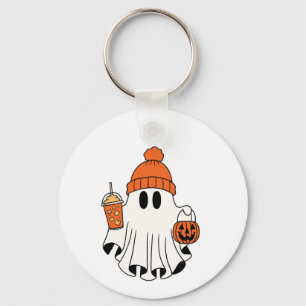 Festive Ghost med Pumpkin Basket och Iced Latte Nyckelring