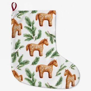 Festive Gingerbröd Horse & Gräs Mönster Stor Julstrumpa