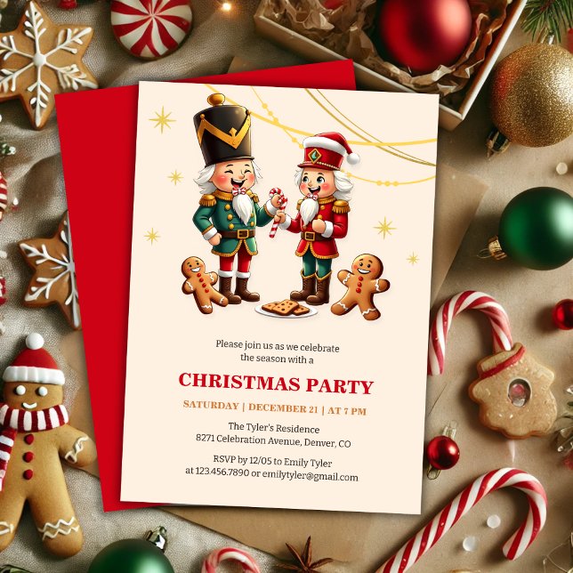 Festive Gingerbröd Nutcracker jul Party Inbjudningar (Traditional Festive Gingerbread Nutcracker Christmas Party Invitation)