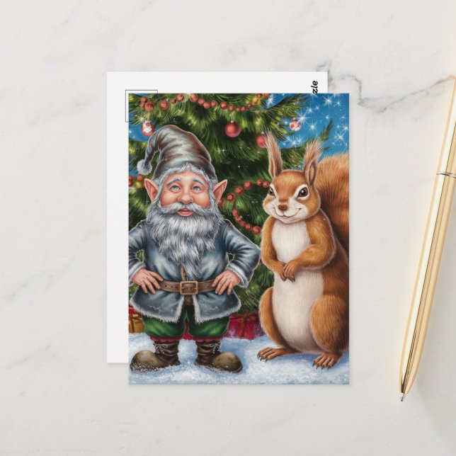 Festive Gnome and Squirrel jul Vykort (Fram/Back In Situ)