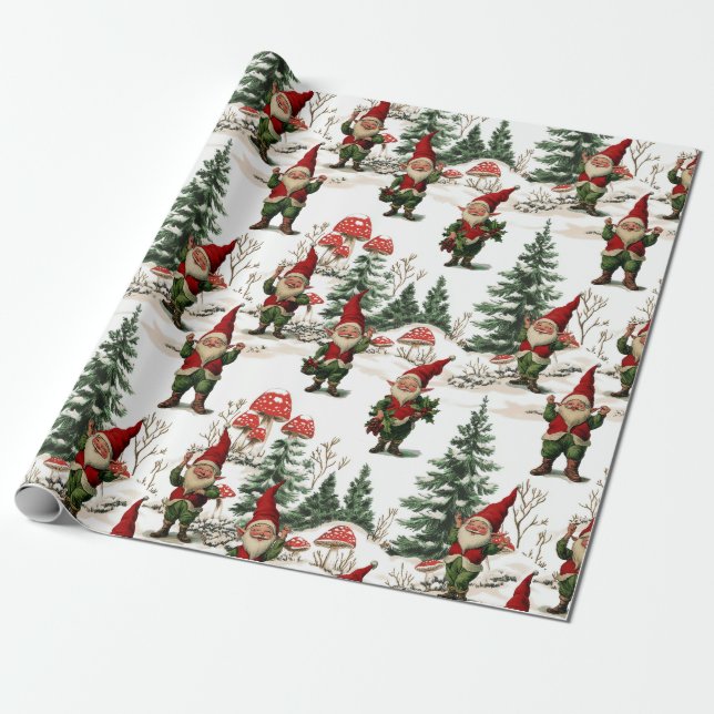 Festive Gnome och Mushroom Woodland jul Presentpapper (Utrullad)