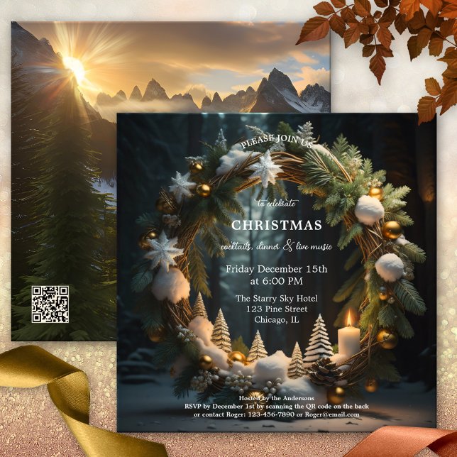 Festive God God Julfest Inbjudningar (A modern artistic Christmas holiday party invitation featuring a wreath with snow and ornaments)