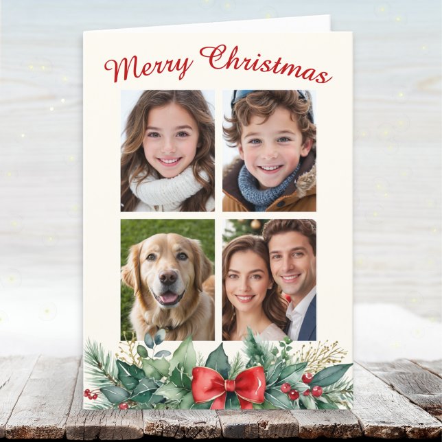 Festive God jul 4 Photo Collage Helgkort (An elegant Christmas card to personalize with four photos of family, friends or pets)
