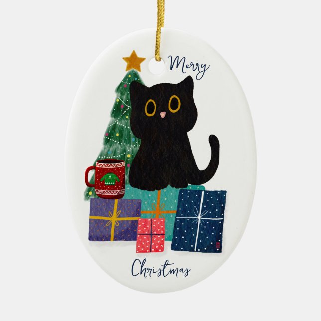Festive God jul Cute Black Cat Coffee Art Julgransprydnad Keramik (Framsidan)