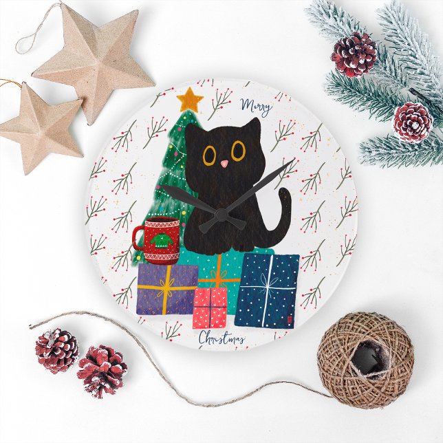 Festive God jul Cute Black Cat Coffee Art Stor Klocka (Skapare uppladdad)