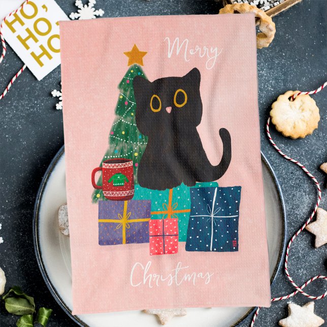 Festive God jul Cute Black Cat Coffee Rosa Kökshandduk (Skapare uppladdad)