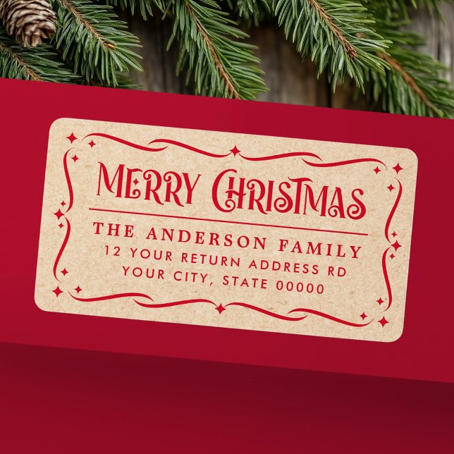 Festive God jul Kraft tittar returadress Adressetikett (Festive Merry Christmas Kraft look return address Label)