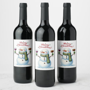Festive God jul snögubbe dricker Vinflaska Etikett
