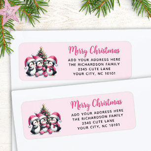 Festive God jul Three Cute Penguins Rosa Returadress Etikett
