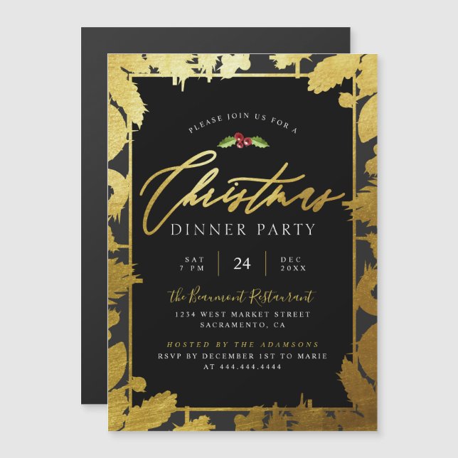 Festive Gold Foil & Black Jul Dinner Party Magnetisk Inbjudningskort (Fram/baksida)