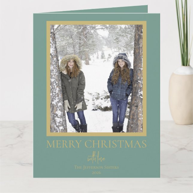 Festive Gold Green Merry Christmas Photo Kort (Framsida)