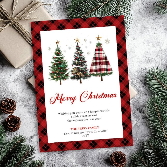 Festive Gold Tone Buffalo Plaid Christmas Tree  Julkort (Festive Gold Tone Buffalo Plaid Christmas Tree Card)