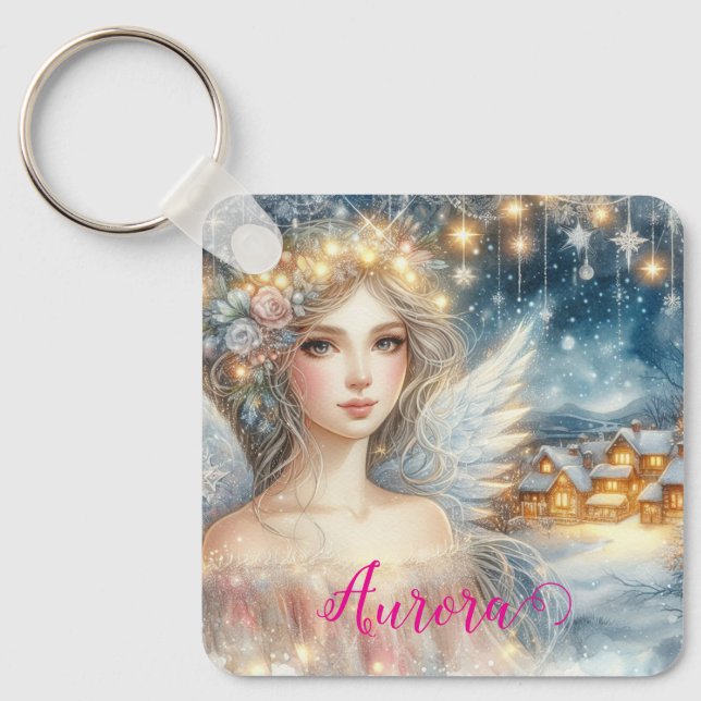 Festive Gold Watercolor Ethereal Frost Snow Angel Nyckelring (Framsida)