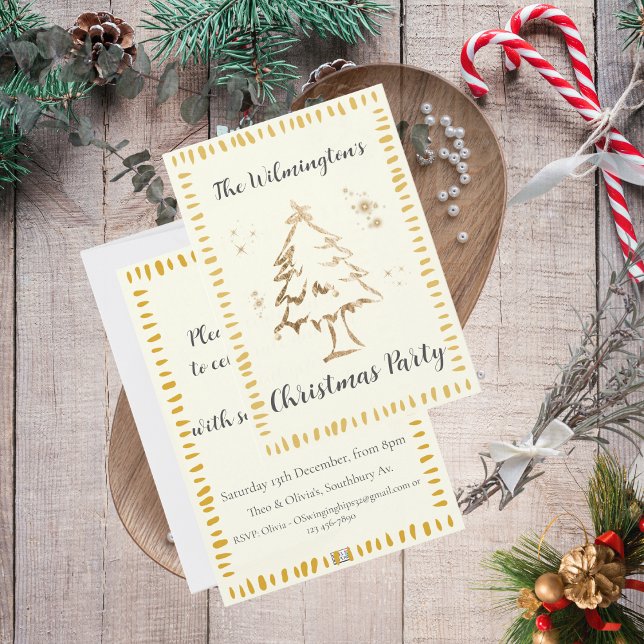 Festive Golden Träd-inbjudan till julfest Inbjudningar (Festive Golden Tree Christmas Party Invitation)