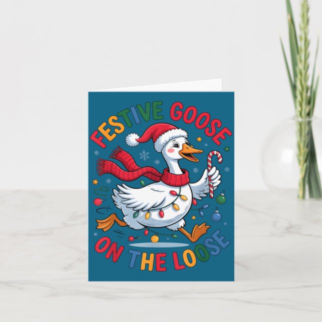 Festive Goose On Loose Christmas Cute Holiday Wint Kort (Framsida)