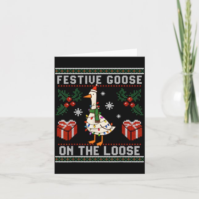 Festive Goose On The Loose Funny Ugly Sweater Chri Kort (Framsida)